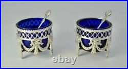 Antique Pair of Salt Cellars & Spoons Sterling Silver Blue Glass Early 20th C