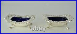 Antique Pair of Salt Cellars Sterling Silver Blue Crystal England Early 20th C