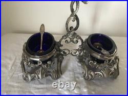 Antique Pair of Salt Cellars Sterling Silver Blue Crystal with Spoons 19th C