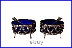 Antique Ram's Head Silver Oval Salt Cellar Cobalt Blue Liner Matching Spoons