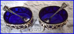 Antique Ram's Head Silver Oval Salt Cellar Cobalt Blue Liner Matching Spoons