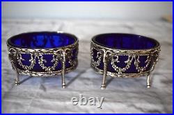 Antique Ram's Head Silver Oval Salt Cellar Cobalt Blue Liner Matching Spoons