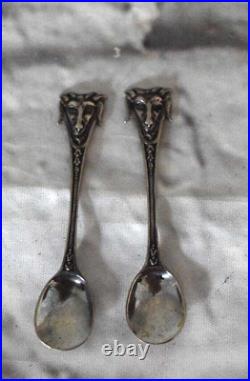 Antique Ram's Head Silver Oval Salt Cellar Cobalt Blue Liner Matching Spoons