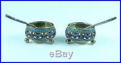 Antique Russian 84 Silver Enamel Miniature Pair of Salt Cellars with Spoons