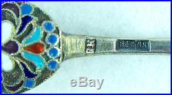 Antique Russian 84 Silver Enamel Miniature Pair of Salt Cellars with Spoons