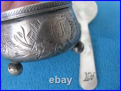 Antique Russian Empire Silver Salt Cellar Pot Bowl with Mother of Pearl Spoon