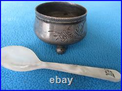 Antique Russian Empire Silver Salt Cellar Pot Bowl with Mother of Pearl Spoon