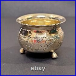 Antique Russian Silver 84 Salt Cellar Cauldron Footed Floral Kiev Gold Wash