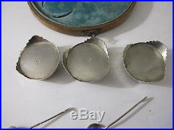 Antique Russian Silver 84 Set Of Salt Cellars&spoons, Original Wooden Box, 1885