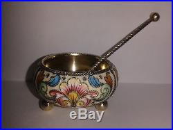 Antique Russian silver cloisonne shaded enamel salt cellar spoon Feodor Ruckert