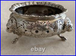 Antique S Kirk & Son Sterling Silver Open Salt Cellar Repousse Floral Lion Head