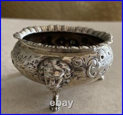 Antique S Kirk & Son Sterling Silver Open Salt Cellar Repousse Floral Lion Head