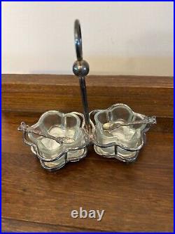 Antique Salt Cellar Double With Two Spoons Silver Tone Plus Two Glass Pieces