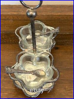 Antique Salt Cellar Double With Two Spoons Silver Tone Plus Two Glass Pieces