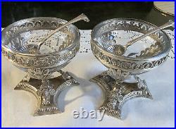 Antique Schott Pair Footed Silver Salts & Spoons With Glass Inserts Frankfurt, G