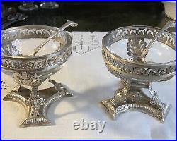 Antique Schott Pair Footed Silver Salts & Spoons With Glass Inserts Frankfurt, G