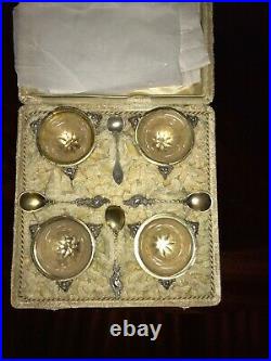 Antique Set Of 4 Rams Head Silver Neoclassical Salt Cellars In Original Box