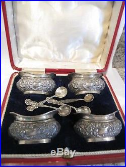 Antique Set Of Boxed 4 English Sterling Silver Salt Cellars, Birmingham 1903