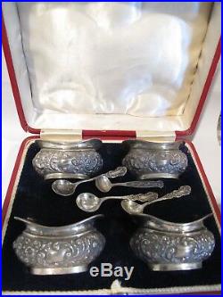 Antique Set Of Boxed 4 English Sterling Silver Salt Cellars, Birmingham 1903