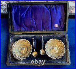 Antique Set Of Sterling Silver Salt Cellars With Spoons, In Original Box