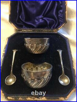 Antique Set Of Sterling Silver Salt Cellars With Spoons, In Original Box