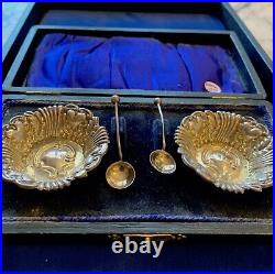 Antique Set Of Sterling Silver Salt Cellars With Spoons, In Original Box