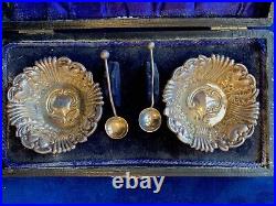 Antique Set Of Sterling Silver Salt Cellars With Spoons, In Original Box