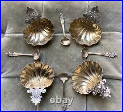 Antique Set of 4 Salt Cellars Sterling Silver Vermeil with Spoons & Box 19th C