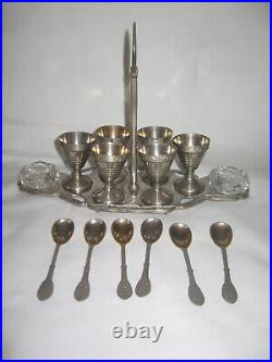 Antique Silver Plated Egg Cruet with 6 Egg Cups, 6 Spoons & 2 Salt Cellars