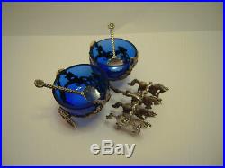 Antique Silver SLEIGH HORSE SALT CELLAR & TWO SPOONS -cobalt blue glass