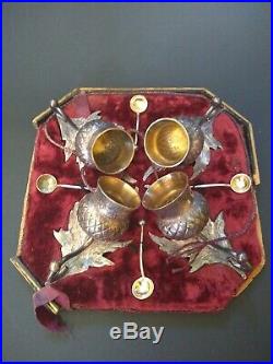 Antique Silver-plated Gold-Washed Open Salt Dip Cellars Set of 4 velvet box
