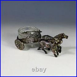 Antique Silverplate Master Salt Horse Drawn Carriage Glass Insert, Spoon
