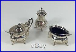 Antique Solid Silver Mustard & Salt Pot Withspoons&liners & Pepper Cellar 1904