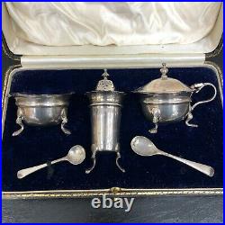 Antique Solid Silver Salt Cellars Shaker Spoons Hallmarked B'ham & Sheffield 20s