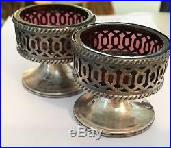 Antique Sterling Footed Salt Dips With Purple Glass Inserts