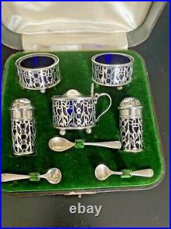 Antique Sterling Gorham Mustard & Salt Cruet Set, Spoons, Colbalt Glass, in Box