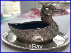 Antique Sterling Pair Duck SALT CELLARS Cobalt Blue Glass Inserts