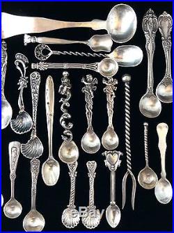 Antique Sterling Silver 31 Pcs Lot Open Salt Cellar Spoons Estate Collection