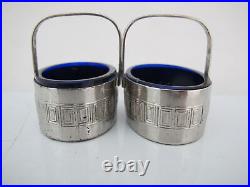 Antique Sterling Silver COBALT Blue Glass Insert Open SALT Cellar Basket Pair