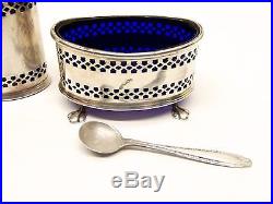 Antique Sterling Silver Cobalt Blue Glass Salt Cellar Pepper Shaker Set Atkinson