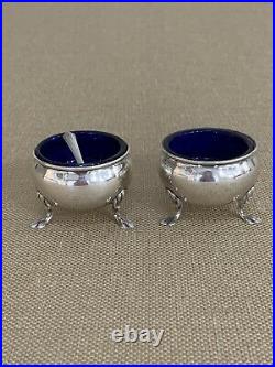 Antique Sterling Silver Cobalt Blue Glass Salt Cellars With Spoon