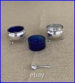 Antique Sterling Silver Cobalt Blue Glass Salt Cellars With Spoon