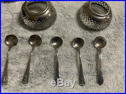 Antique Sterling Silver Cobalt Blue Salt Cellar Dish With Spoons