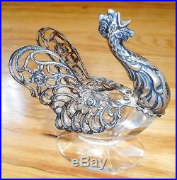 Antique Sterling Silver & Crystal CROWING ROOSTER Figural Salt Cellar Dip Swan