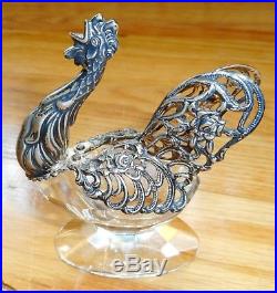 Antique Sterling Silver & Crystal CROWING ROOSTER Figural Salt Cellar Dip Swan