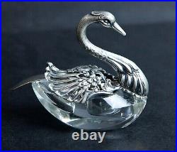 Antique Sterling Silver Crystal Swan Salt Cellar Dish with Sterling Spoon