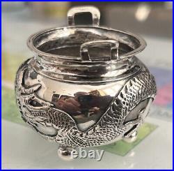 Antique Sterling Silver Dragon Salt Cellar Chinese