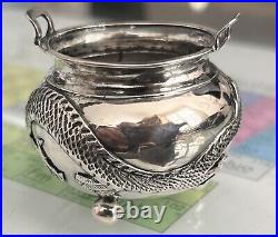 Antique Sterling Silver Dragon Salt Cellar Chinese