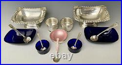 Antique Sterling Silver, Guilloche Enamel, Cobalt & Plated Salt Cellars + Spoons