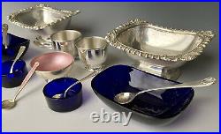Antique Sterling Silver, Guilloche Enamel, Cobalt & Plated Salt Cellars + Spoons